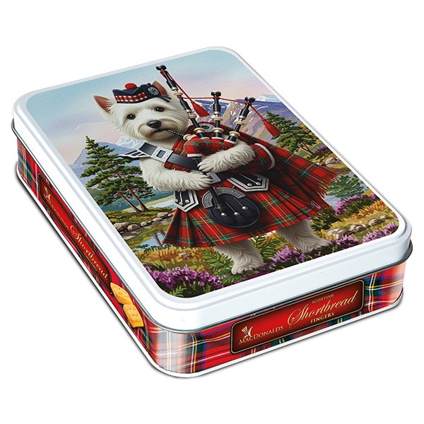 200g Westie with Bagpipes Tin (Shortbread Fingers)